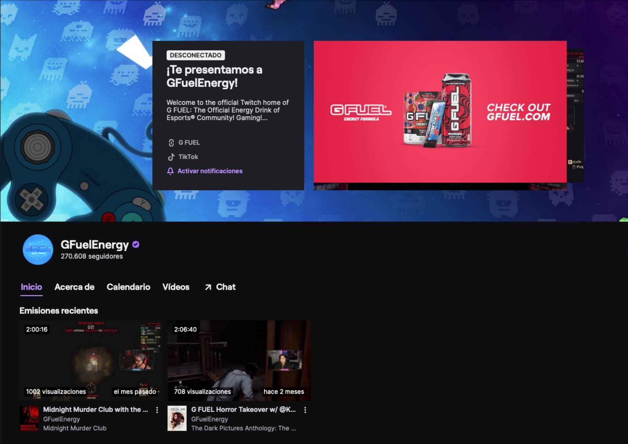 Canal de GFuel en la red social Twitch