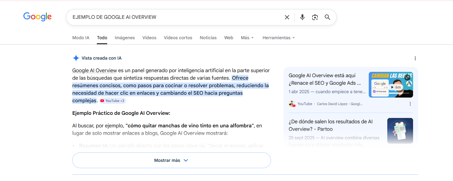 Ejemplo de Google AI Overview: la IA responde directamente antes de mostrar los resultados tradicionales.